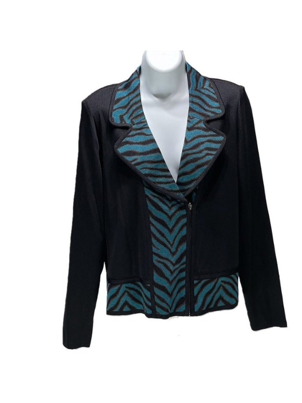 Exclusively Misook Womens Black Cardigan Jacket With Teal & Black Zebra Print Tr